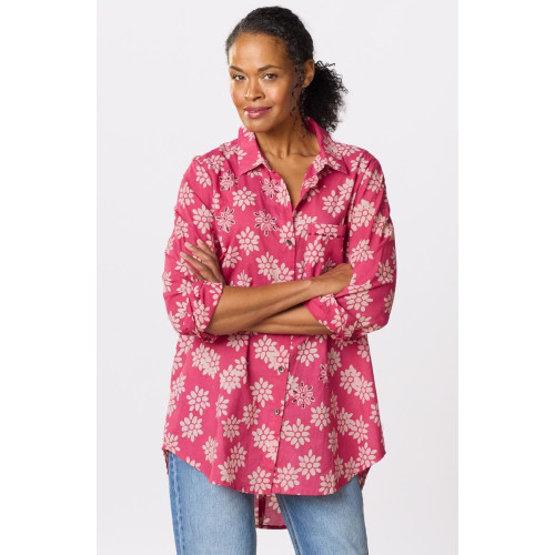 Aashna High-Low Hem Button-Down Shirt - Berry/Natural