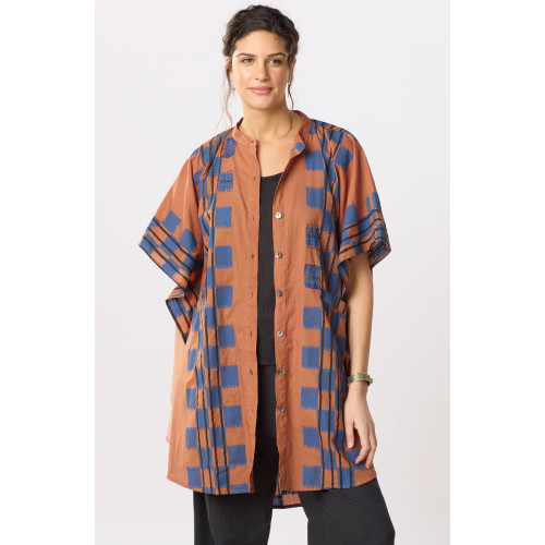 Anika Band Collar Kaftan Shirt - Honey/Navy