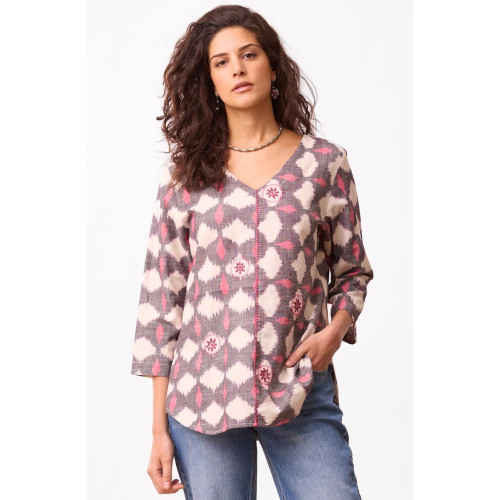 V-neck Divya 3/4-Sleeve Popover Top - Natural/Pink/Grey