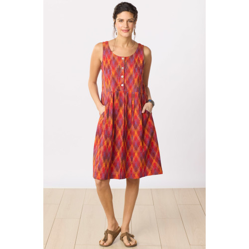 Sahila Ikat Sleeveless Knee-Length Tank Dress - Fire red/Multi