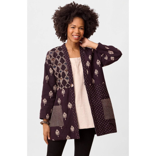 Kanchi Reversible Collarless One Button Jacket - Black/Multi/Dark denim